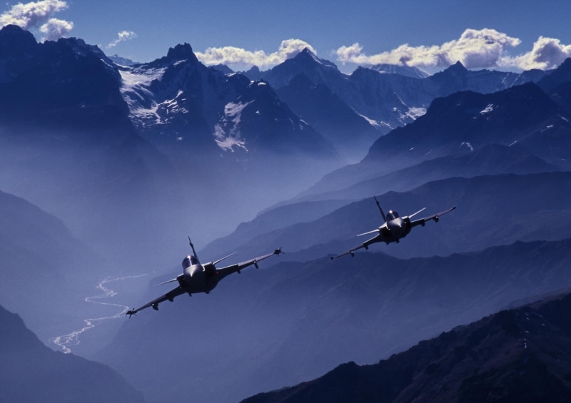 mid-air, no people, flying, mode of transportation, airplane, motion, aircraft, on the move, mountain, beauty in nature, day, planes, air vehicle, military