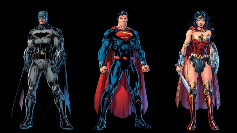 standing, wonder, Superman, costume, clothing, 1080P, Wonder Woman, art and craft, multiple image, three objects, front view, female likeness
