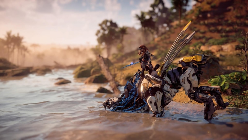Horizon: Zero Dawn, riverbank, Aloy (Horizon: Zero Dawn), water, white, people, outdoors, land, plant, river, sunset, video games, black, focus on foreground