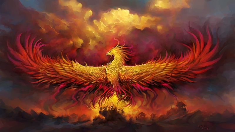 Phoenix, Orange, Cloud, Artistic, Fire, Fantasy Animals, Bird, Red, 4K, Colorful