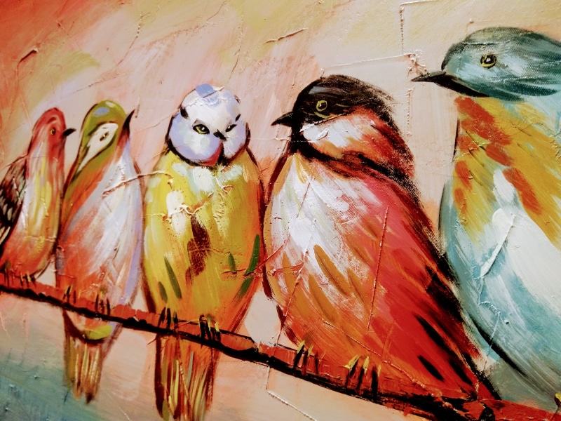 multi colored, bird, creativity, 4K, indoors, paint, representation, two animals, red, seafood, close-up, painting, human representation, female likeness