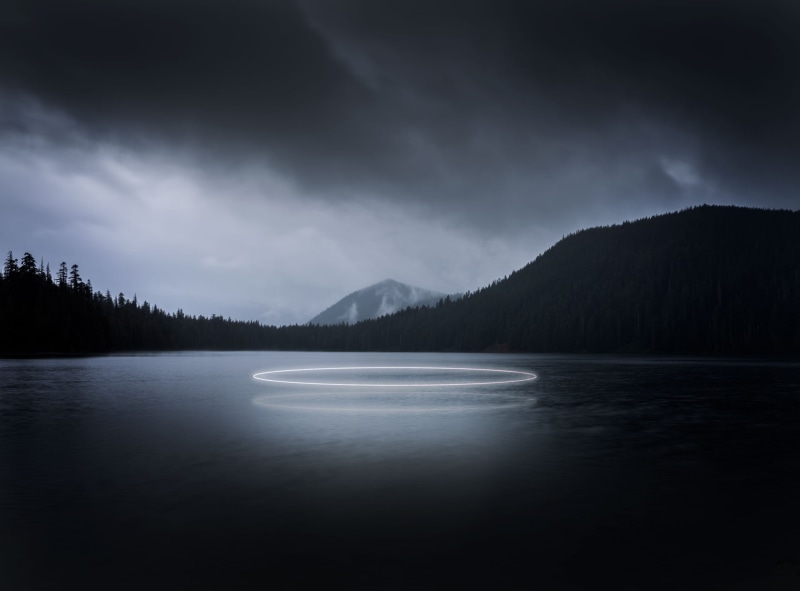 2K, Forest, Mountain, Neon, Light, photomanipulation, Circle, enigmatic, photoshopediting, Woodland, Lake, Creative, Landscape, Aero, gloomy, Scenery