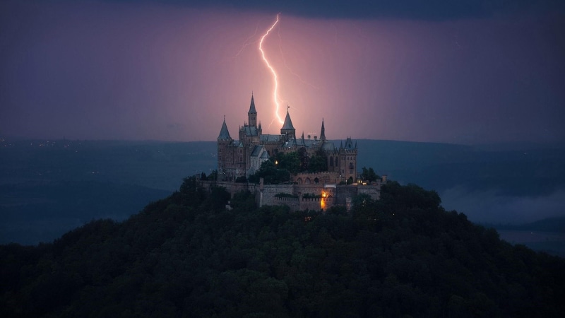 hohenzollern castle, landscape, evening, atmosphere, tree, phenomenon, thunderstorm, lightning, cloud, horizon, 1080P, dusk, lightning strike, germany
