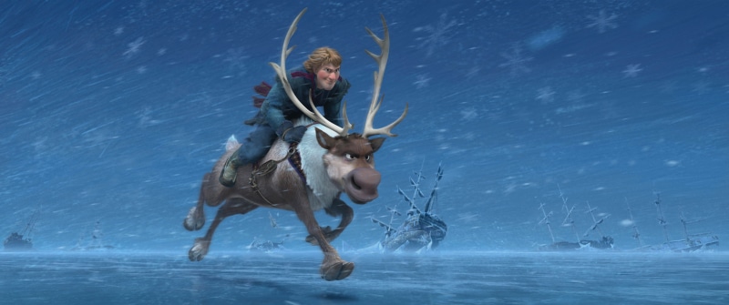 outdoors, antler, running, cold temperature, Walt Disney, Christophe, cold heart, Frozen, mammal, men, Sven, people, splashing, animal, cold - Temperature