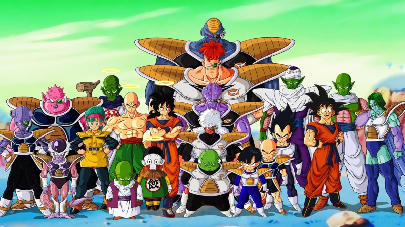 Chiaotzu, Son Goku, Dende, Guldo, Krillin, religion, Ginyu Force, large group of people, full length, Yamcha, standing, Dragon Ball Z, asia, Namek, clothing