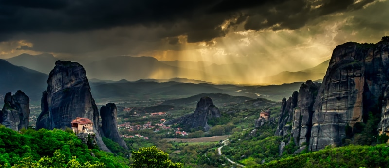 greece, scenics, rain, green, famous Place, outdoors, nature, surrounded, landscape, nikon, rock formation, grey, mountain, monastery, 5K, sky, rock - Object