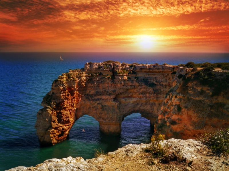 europe, coastline, Coast, scenics, brown, algarve, Sky, beach, Sea, summer, cliff, sunset, Rock arch, Landscape, nature, blue, Sunset  brown, 2K, rock - Object