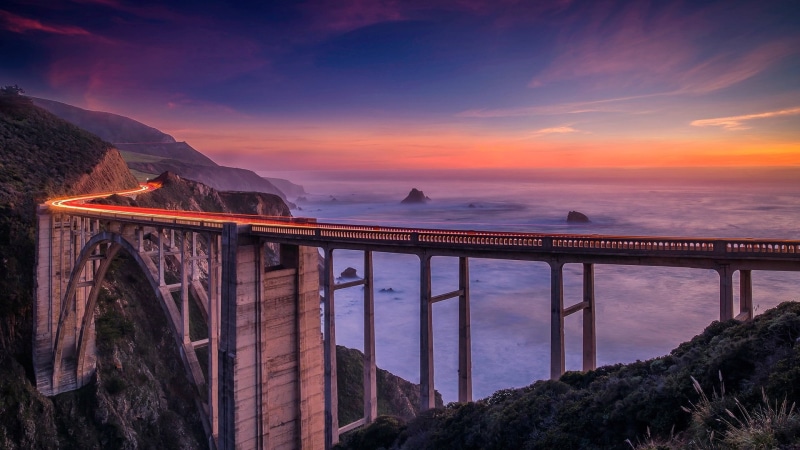 1080P, california, built structure, bridge, nature, horizon over water, arch bridge, no people, coast, night, pacific ocean, transportation, architectural column