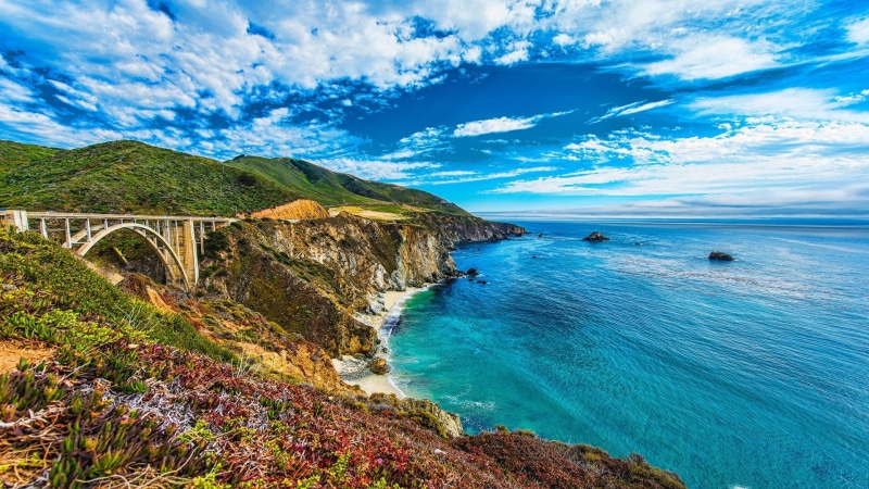 1080P, bay, tranquility, cloud - sky, sea, mountain, no people, Bixby Bridge, environment, scenics - nature, idyllic, turquoise colored, gray, nature