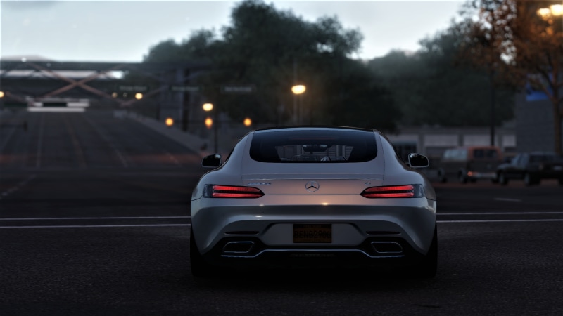 motion, 2K, focus on foreground, Mercedes-Benz, Detroit, car, street, dusk,  grey, outdoors, architecture, mercedes, city, no people, speed, lighting equipment