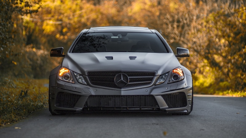 autumn, no people, 1080P, mode of transportation, E63, headlight, road, car, black color, Mercedes - Benz, transportation, nature, tree, change, forest