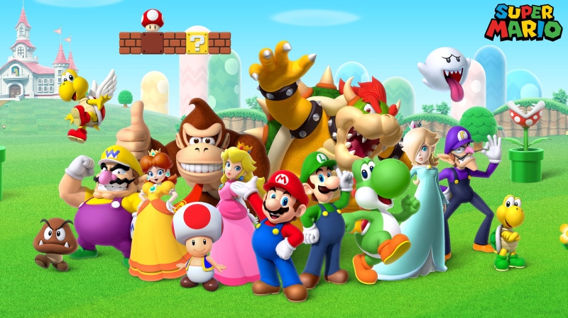 Super Mario Bros., Wario, Princess Daisy, Bowser, Toad (Mario), Princess Peach, 2K, Rosalina (Super Mario), Waluigi, Donkey Kong, Luigi, Mario, Yoshi