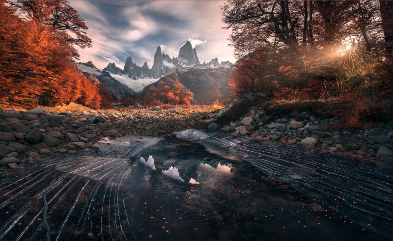 sky, mountains, sun, Patagonia, Chile, landscape, fall, plant, tree, orange Color, mountain, rock, scenics - nature, land, forest, clouds, frozen lake