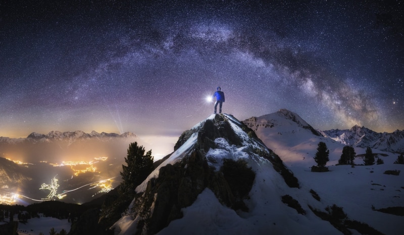 climbing, valley, starry night, mountain range, cold temperature, space, city, snow, Milky Way, snowcapped mountain, star, leisure activity, mountain peak
