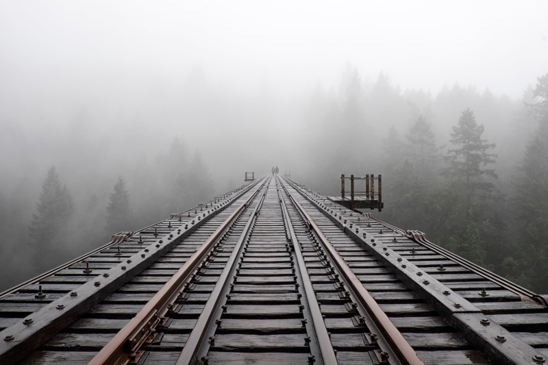 mist, railway, 4K, railroad Track, train, fog, photo, trees, Goldstream Provincial Park, steel, rail, trestle, victoria  british columbia, transportation