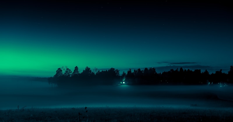 sky, Night time, nature, Fog, landscape, green color, environment, non-urban scene, no people, beauty in nature, House, silhouette, plant, night, scenics - nature