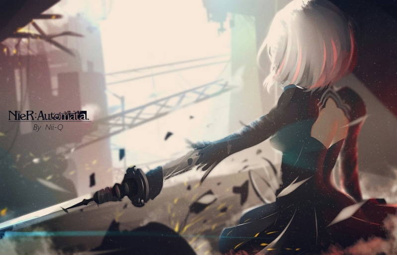 automata, nier, incidental people, indoors, women, glass - material, sunlight, child, digital, day, 2B (Nier: Automata), nature, water, men, transparent