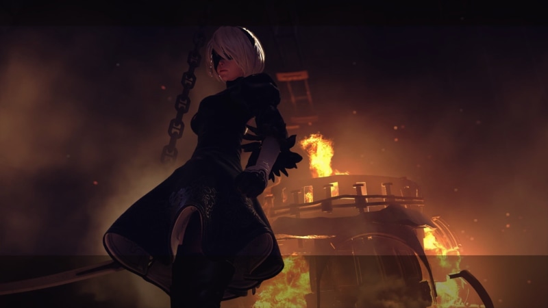 screen shot, fire - natural phenomenon, three quarter length, motion, flame, b, communication, burning, standing, waist up, NieR, 1080P, arts culture and entertainment