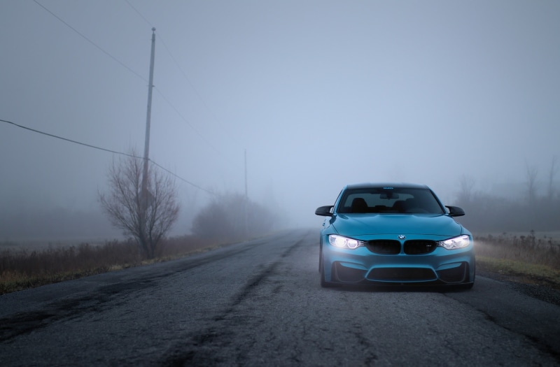 LED, direction, motion, the way forward, diminishing perspective, BMW, mode of transportation, country, sky, road trip, Fog, country road, winter, car