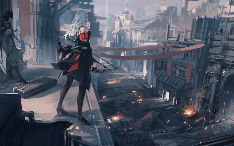 bow, Archer Natus, 720P, bow and arrow, fire, anime girls, original characters, anime, city, Pixiv Fantasia, weapon, manga, white hair, Pixiv Fantasia T