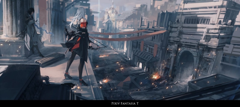 people, fantasy city, standing, illuminated, Archer Natus, city, real people, pollution, anime girls, one Person, industry, Pixiv Fantasia T, anime, street