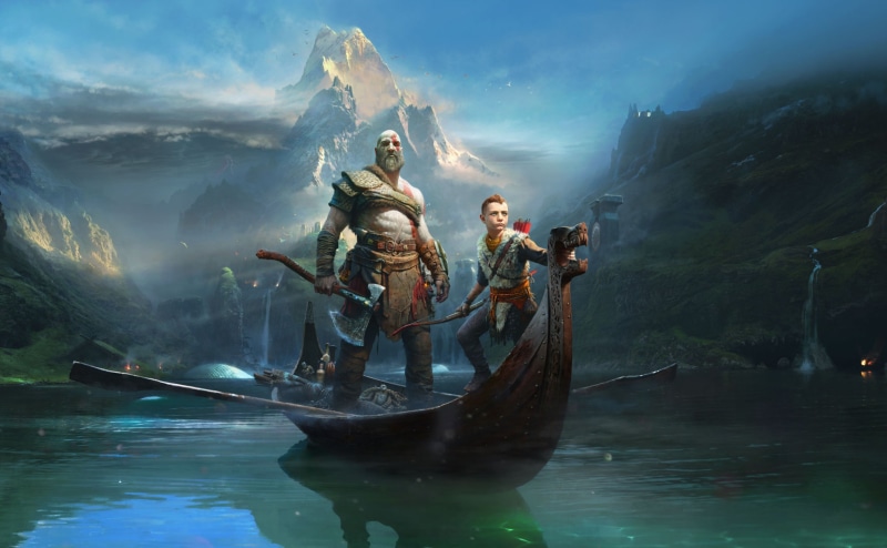 god, digital, Games, nautical vessel, representation, ps2, beauty in nature, God Of War, transportation, outdoors, mountain, atreus, fog, men, art and craft