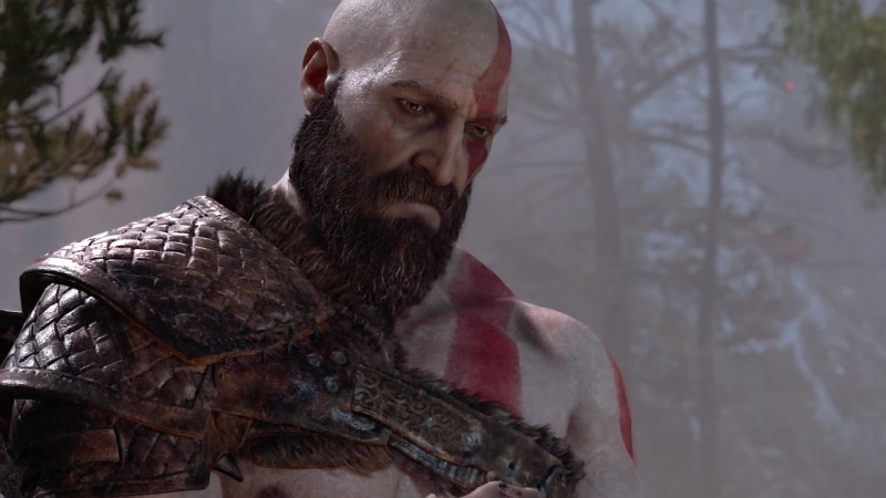 Kratos, tree, warm clothing, males, day, God of War (2018), portrait, mustache, looking at camera, one person, 1080P, beard, digital, mid adult
