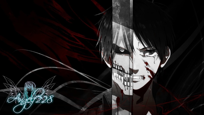 Anime, black background, adult, portrait, real people, dark, creativity, headshot, illuminated, art and craft, pattern, Attack On Titan, close-up, mid adult