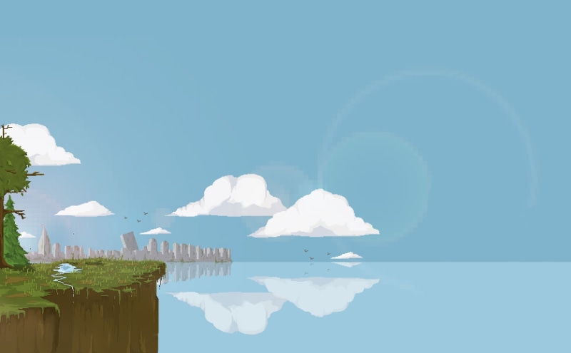 ruin, 1080P, built structure, sunlight, tranquility, illustratin, sea, sky, cliff, nature, landscape, pixel art, waterfront, blue, outdoors, digital art