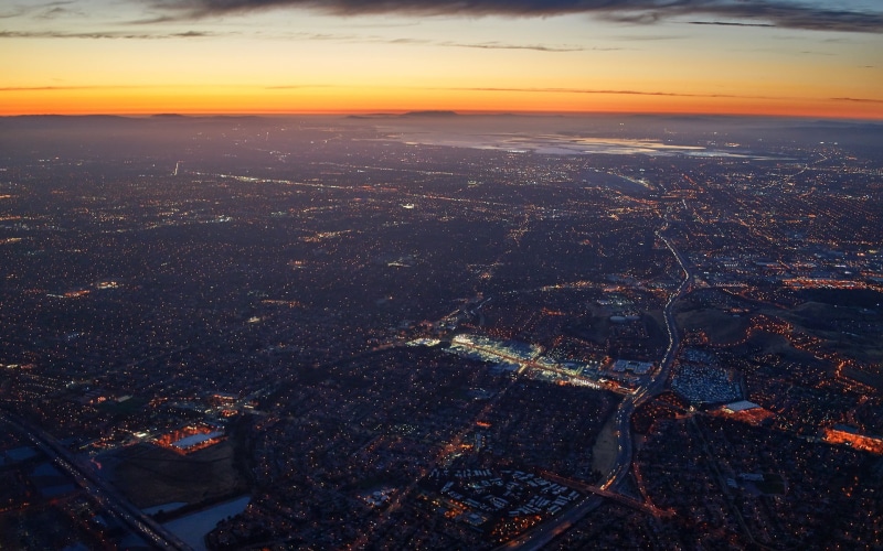 land, cityscape, USA, no people, illuminated, building exterior, scenics - nature, aerial, nature, San Francisco, cloud - sky, landscape, San Jose, sunset