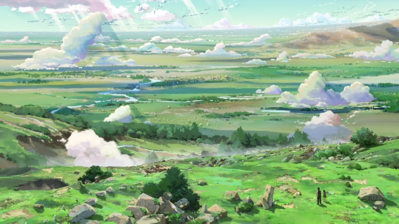 1080P, green color, sea, tranquility, water, beauty in nature, smoke - physical structure, landscape, day, land, Children Who Chase Lost Voices, anime