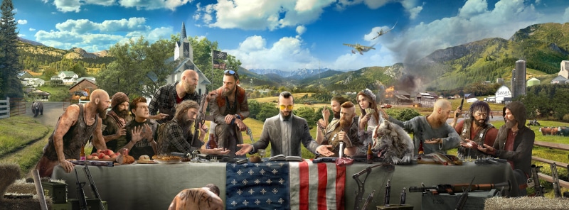Games, food, cry, far, sky, men, far cry5, Far Cry, scenics - nature, mountain range, group of people, food and drink, 5K, panoramic, crowd