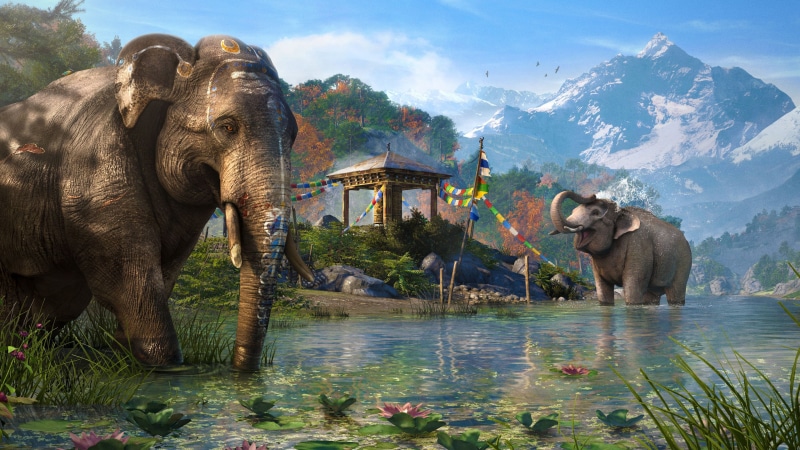 no people, animal, mountain, painting, day, 4K, tree, asian elephant, video games, Far Cry 4, lake, indian elephant, mammal, elephant, water, artwork
