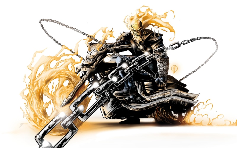 skull, chains, rider, motorcycle, 1080P, fire, hd, ghost, white, marvel, cartoon/comic