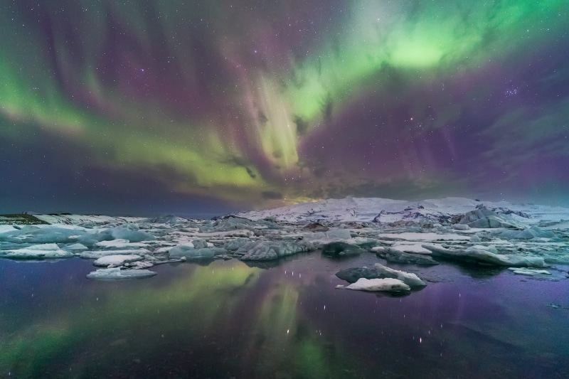 nature, iceland, icebergs, night, night  sky, glacial, landscape, blue, Lightshow, northern, 1080P, nightscape, Jökulsárlón, Northern Lights, arctic, Lagoon