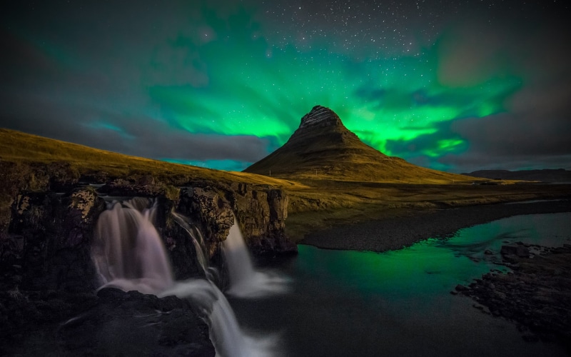 stars, night, borealis, aurora, mountain, waterfall, lights, landscape, nature, 1080P, northern, hd, green, river