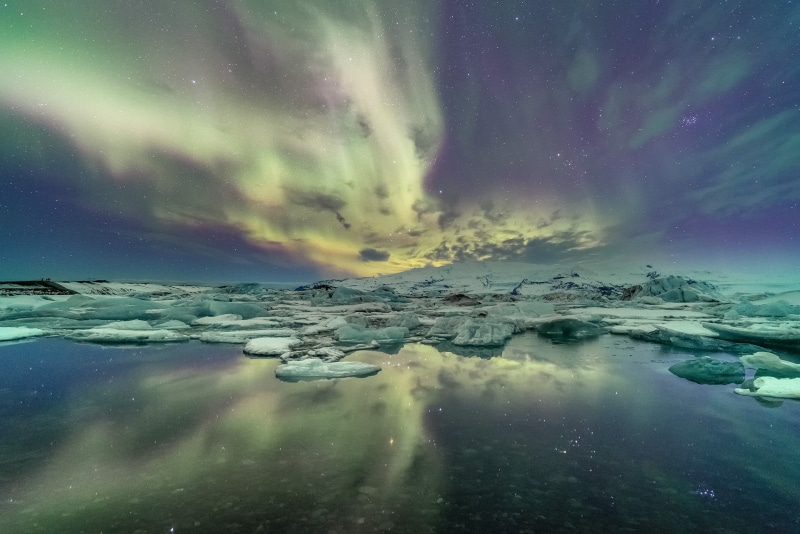 nightscape, photography, glacier, nature, sky, stars, aurora, northern lights, Lagoon, landscape, water, iceland, scenics, aurora borealis, nightime, reflection