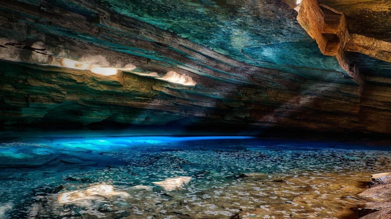 reflection, geology, illuminated, 1080P, scenics - nature, stream, travel, unique place, nature, rock, sea, underground lake, bahia, no people, beauty in nature