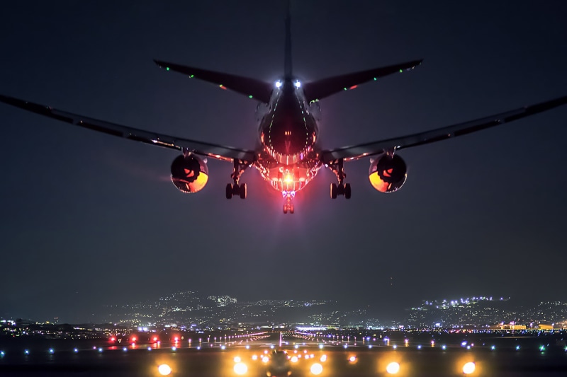 dusk, low angle view, outdoors, air, technology, business, motion, commercial Airplane, the plane, aerospace industry, Boeing 787, airport runway, lights