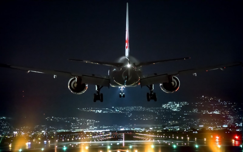 1080P, sky, outdoors, flying, airplane, mid-air, airport, night, illuminated, landscape night airport airplane lights landing technology osaka japan cityscape