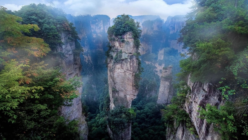 no people, green, Avatar, day, tree, land, scenics - nature, cliff, mist, Hunan, tranquil scene, plants, China, rock formation, tranquility, mountains