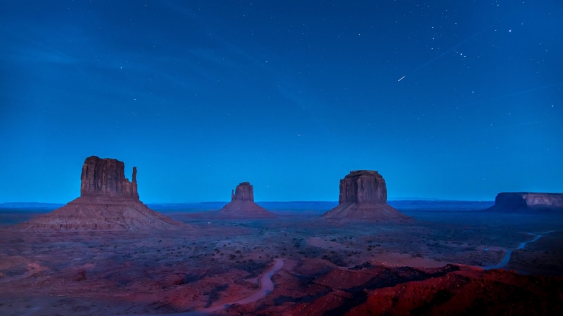 stars, west and east mitten buttes, navajo, badlands, usa, arizona, formation, twilight, 4K, monument valley, night, hunts mesa, rock formation, buttes