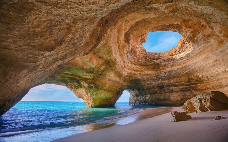 sand, Algarve (Portugal), nature, cave, 1080P, landscape, erosion, Portugal, rock, water, beach, sea