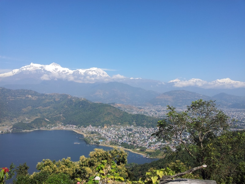 sky, annapurna, lake, environment, snowcapped mountain, blue, tranquil scene, no people, plant, tree, 2K, body, tranquility, beauty in nature, mountain peak