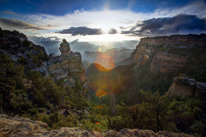 sunny, Clouds, Grand Canyon, aerial view, blue, rock - Object, Green, valley, landscape, nature, national Landmark, Sun, white, travel, 5K, Landscapes