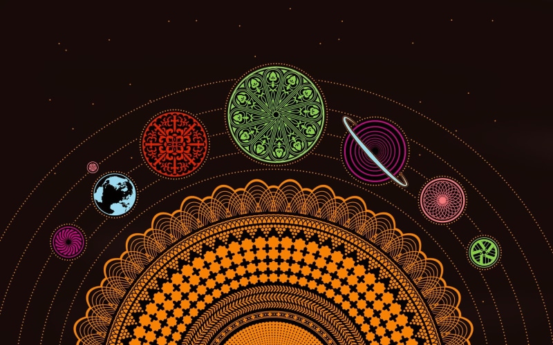 illuminated, ornate, black background, night, circle, studio shot, choice, universe, illustration, indoors, close-up, planet, multi colored, Solar System