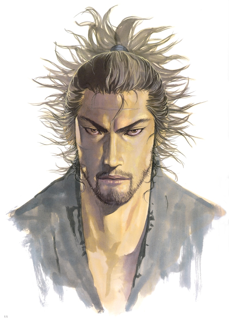 samurai, contemplation, Vagabond, front view, painting, adult, Vagabond: Water, nature, young men, one person, looking at camera, white background, Inoue takehiko