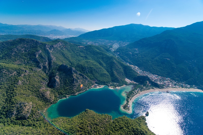 nature, no people, scenics - nature, land, landscape, volcanic crater, environment, oludeniz, turkey, mountains, tranquility, plant, aerial view, 5K, high angle view