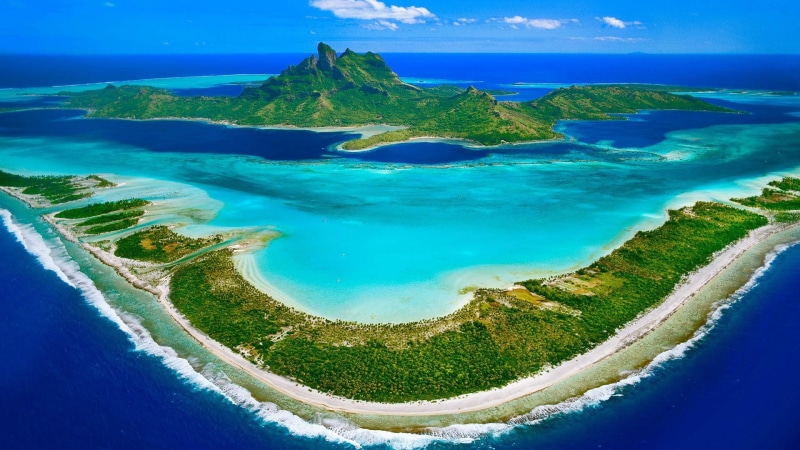 tropical climate, volcano, 1080P, mountain, island, bay, volcanic crater, blue, Bora Bora, travel destinations, beauty in nature, beach, land, scenics - nature