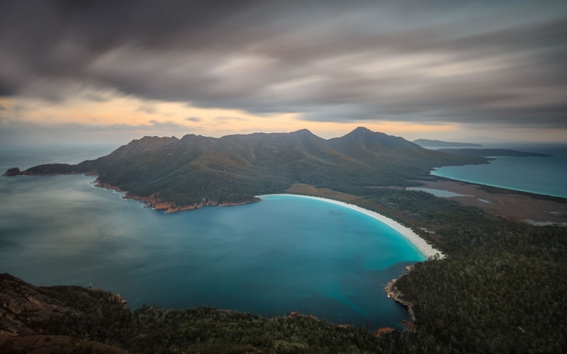 landscape, mountains, tranquility, clouds, Wine Glass Bay, scenics - nature, Australia, water, volcanic crater, cloud - sky, mountain, non-urban scene
